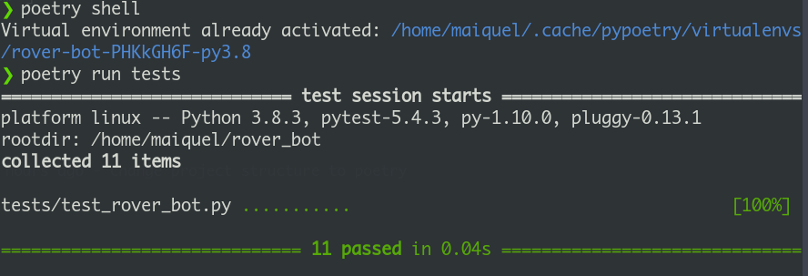 Execução dos testes com o comando customizado no Poetry
