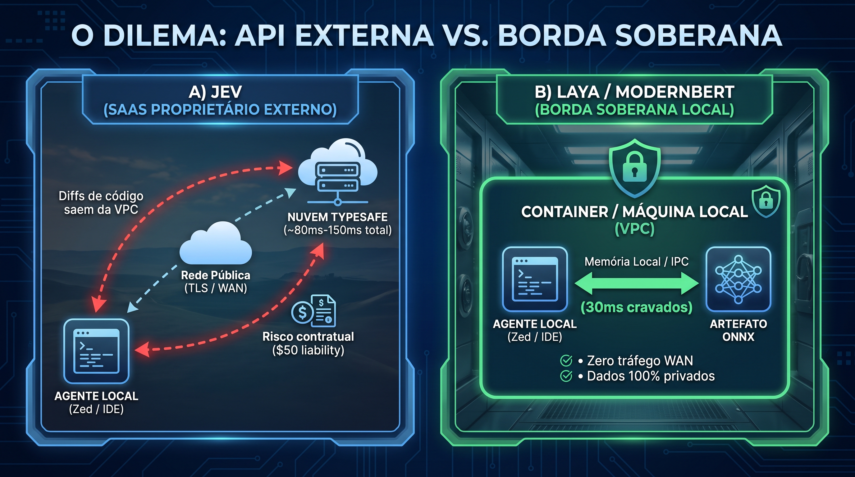 Arquitetura SaaS vs. Soberania de Borda: latência de rede transatlântica e vazamento de código vs. 30ms locais em CPU via ONNX.