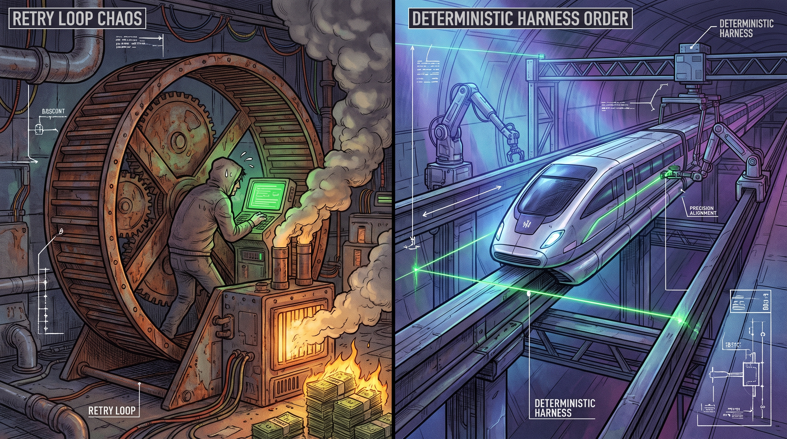 Loop Engineering vs. Harness: tentativas cegas consumindo tokens versus validação em trilhos determinísticos.