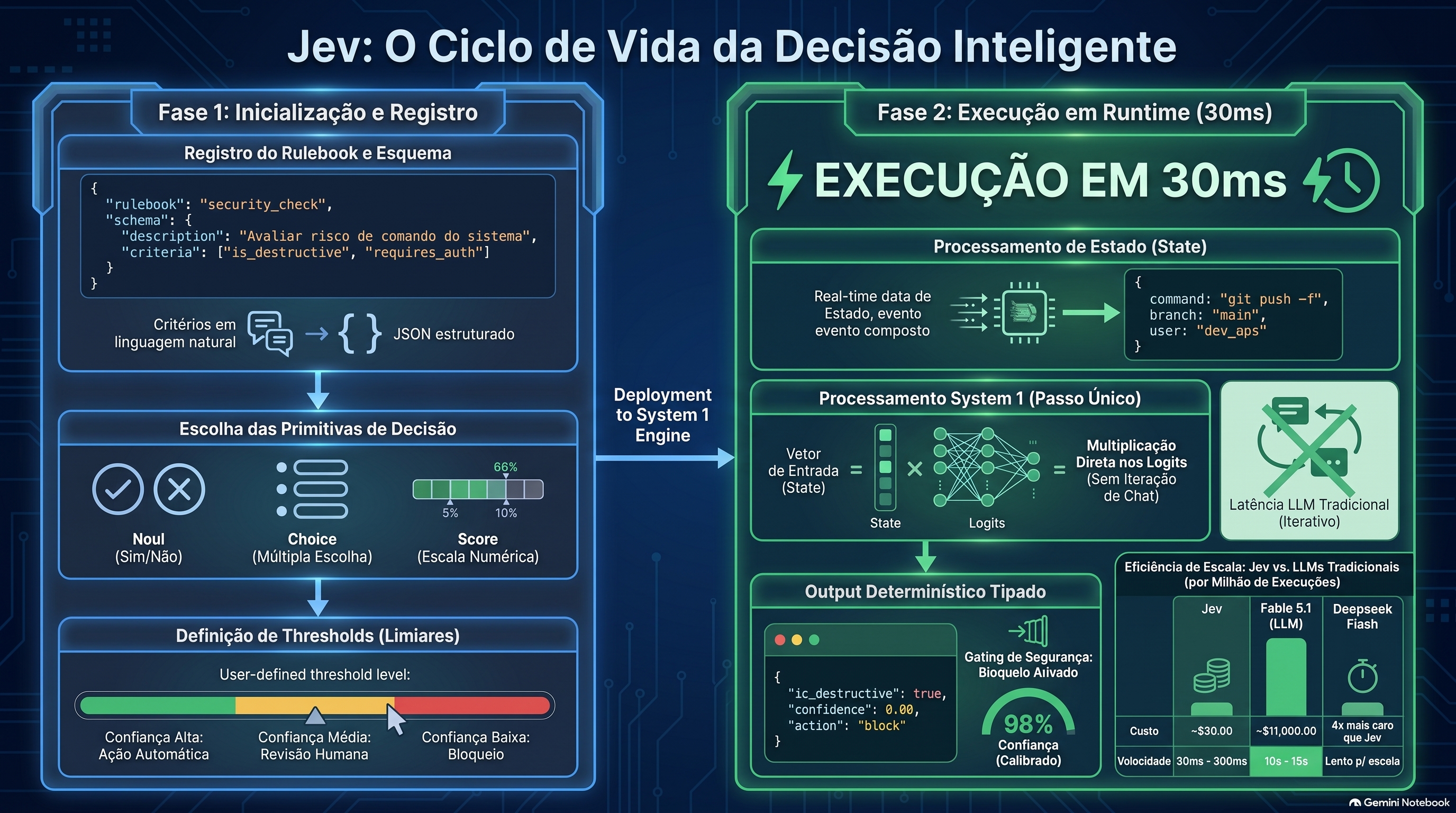 Ciclo de vida de um modelo de decisão: registro prévio do Rulebook (Fase 1) e avaliação multi-campo de alta velocidade em runtime (Fase 2).
