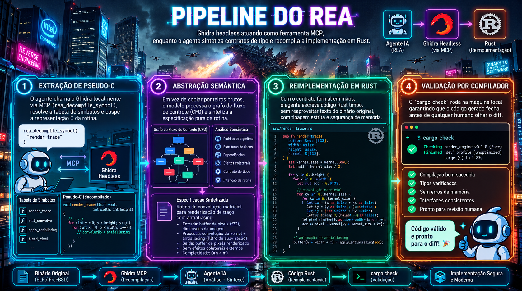 O pipeline do REA: Ghidra headless atuando como ferramenta MCP, enquanto o agente sintetiza contratos de tipo e recompila a implementação em Rust.